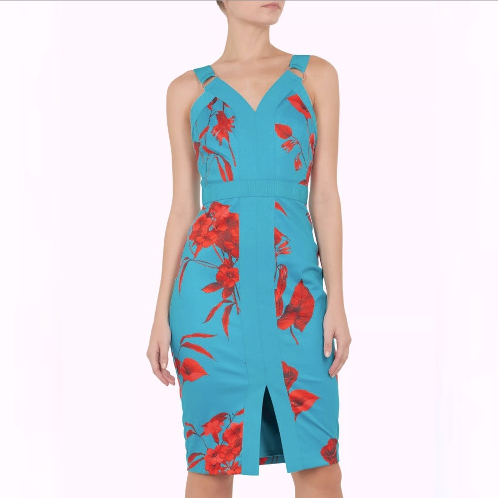 TED BAKER Jordja Turquoise Print Bodycon Bandage Dress